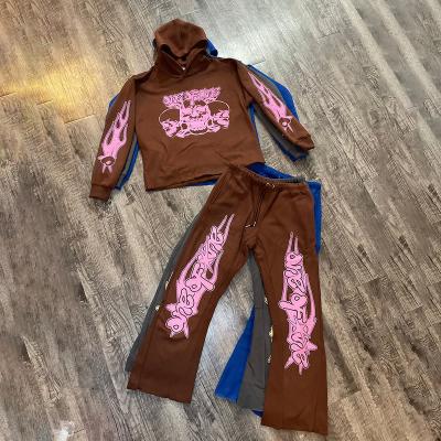 China Breathable custom sport wear streetwear skull logo crop hoodie and flared sweatpats tracksuit set DTG screen printing rocket sweatsuit for sale