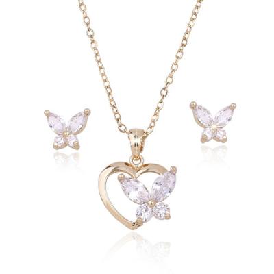 China CLASSIC Fashionable Gold Plated Zircon Heart Butterfly Necklace Earrings Pendant Jewelry Set Women For Party for sale