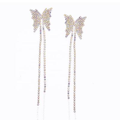 China FASHIONABLE Elegant Rhinestone Bride Design AB Long Butterfly Dangle Earring Women Ladies Wedding for sale