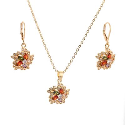 China FASHIONABLE Gold Plated Zircon Flower Designer Necklace Earring Women Pendant Jewelry Set For Party for sale