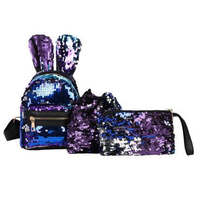 China Waterproof 3PCS Women Sets Kids Cute Rabbit Backpacks Fashion Student Sequins Shoulder Drawstring Bag+Messenger School Bags for sale