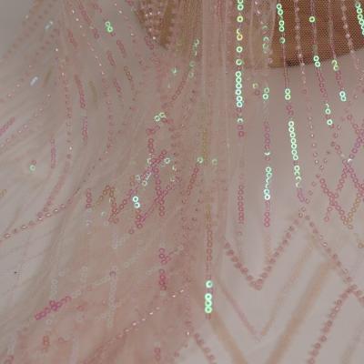 China Sustainable Luxury Crystal Pink Embroidery Sequin Seam Beaded Tulle Fabrics Lace Applique For Bride Wedding Dress for sale