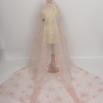 China Suit Viable Polyester Lace Flower Professional Bridal Wedding Sequins Beaded Pink Net Embroidery Clothes Fabrics 2021 French for sale