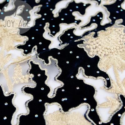 China Breathable Blue Velvet 3d simple flocking royal rhinestones laser cut lace embroidery fabrics for women clothes dress for sale