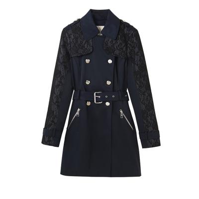 China Black Navy Women's Fashion Coat Stitching Pattern Anti-Shrink Lace Long With Turn-Down Collar Women's Coats For Fall Dressing for sale