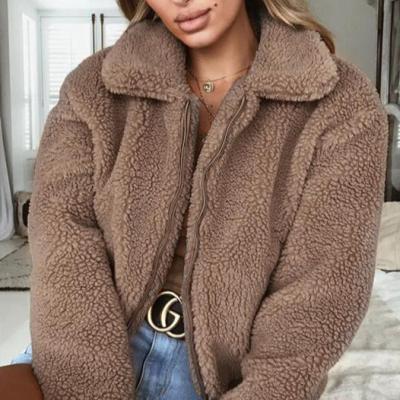 China New Collection Women Winter Plain Pocket Zipper Warm Sherpa Fleece Heated Teddy Jacket for sale