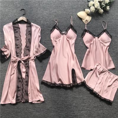 China Newest ZZYUP 4 Piece Sleepwear QUICK DRY Pajamas Set Lace Up Satin Loungwear Flower Silk Sexy Sleepwear For Ladies for sale