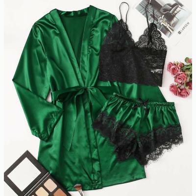 China ZZYUP Sexy Women THREE PIECE Spandex/Nylon Satin Robe Silk Lingerie Set SEXY Sleepwear PAJAMAS for sale