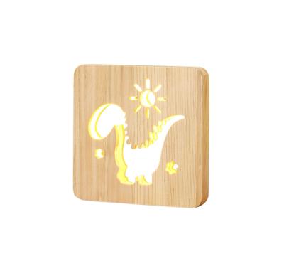 China Newly Design Modern Bedroom Room Small Wooden Usb Dinosaur Led Lamp Lights Wooden Frame Lamp for sale