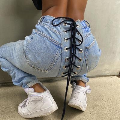 China Custom Made Slim Fit High Waisted Bandage Jeans Women 2021 Back Fashion Breathable Ladies for sale