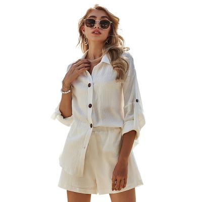 China Women's Anti-Pilling Canvas Shirt And Shorts Set Casual Long Sleeve Canvas Button Up White Casual Blouse for sale