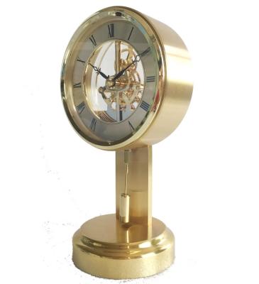 China Unique Metal Business Gift K3030PG Pendulum Table Clock With Skeleton Quartz Movement for sale