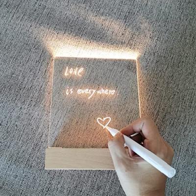 China Showing Goods Acrylic Sign With Wooden Stand White LED Board Colorful Light Up Message With White Marker To Write List for sale