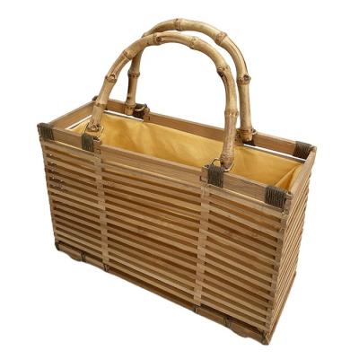 China Factory Supply Fashion Bamboo Square Handle Bag Round Root Lid Handle Bamboo Handbag for sale