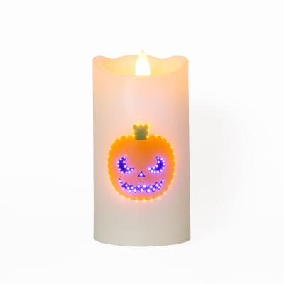 China COLOR CHANGING Pumpkin Image Halloween Paraffin Wax Fiber LED Candle for sale