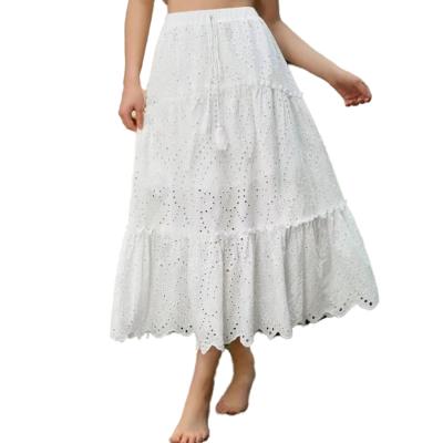 China High waist skirt summer new anti-static heavy equipment embroidery on white French cotton swing elegant skirt for sale