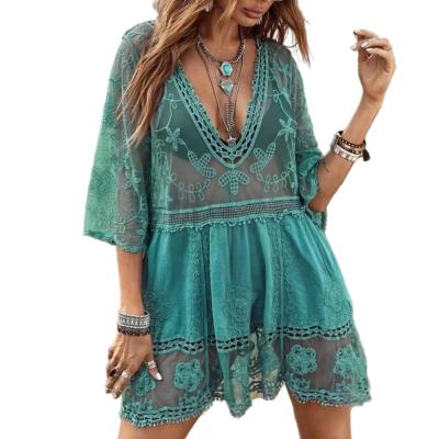 China Breathable Fashion Women Loose Casual Embroidered Bohemian White Short Sleeve Dress for sale