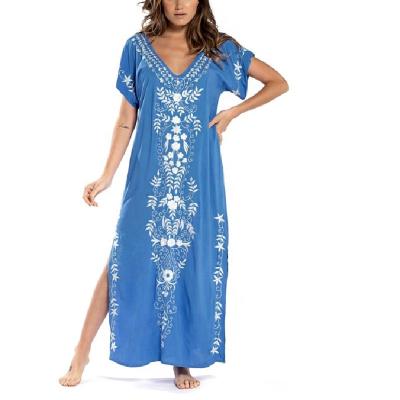 China Breathable Hot Summer Fashion Embroidered Maxi Dresses Women Beach Cover Up for sale