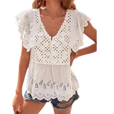 China Custom Womens Anti Shrink Float V Sleeve Cotton Eyelet Ruffle Neck Waisted Tank Top for sale