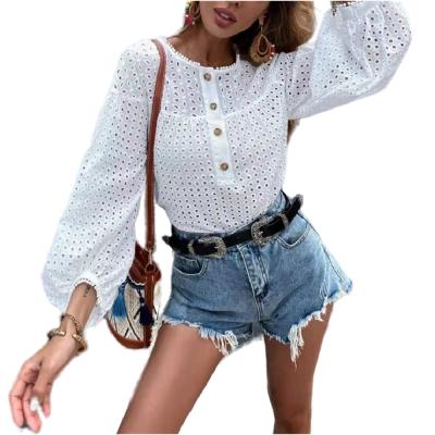 China Latest Korean Design Anti-shrink Lace Lantern Sleeve Long Sleeve Office Hollow Splicing Top Clothes For Women for sale