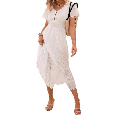 China Hot Selling Solid Color Casual Women's Latest Long Ankle Button Embroidery Breathable Short Sleeve Women's Clothing for sale