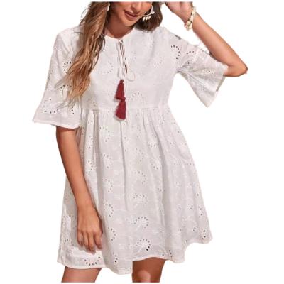 China Breathable Pleated Skirt Women's Fashionable Dresses Embroidered Floral Ruffle Sleeve Shirt Dress for sale