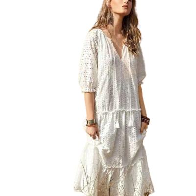 China New Cotton Summer Fashion Hollow Embroidery Casual Short Sleeve Korean Style Women's Breathable Dress for sale