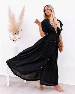 China New Breathable Beach Long Cover Up Deep Bamboo Fabric Floor Long Beach V-Neck Straight Cardigan Skirt Blouse for sale