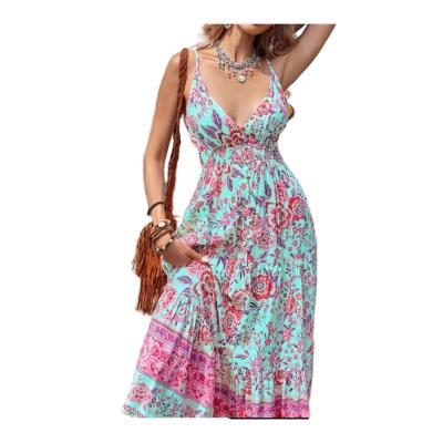 China Breathable New Fashion Breathable Printing Large Print Super Fairy Seaside Holiday Bohemia Swing Halter Halter Dress for sale