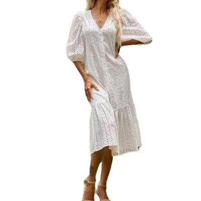 China New Summer Breathable White Hollow V-neck Lace Embroidery Fairy Long Dress for sale