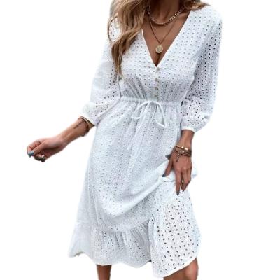 China The new breathable style of the European-American wind temperament V French collar hollow out the embroidery in the long style waist dress for sale