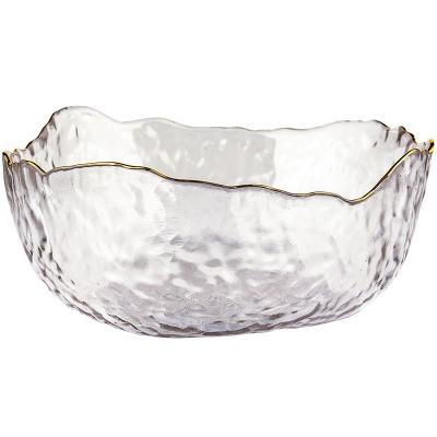 China Large Viable Transparent Glass Dessert Dish Bowl Vegetable Fruit Salad Bowl - Gold Rim for sale