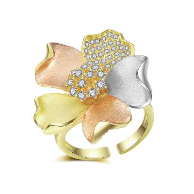 China Trendy Zircon Ring For Girls Tone Gold Plated Colorful Flower Fashion Three for sale