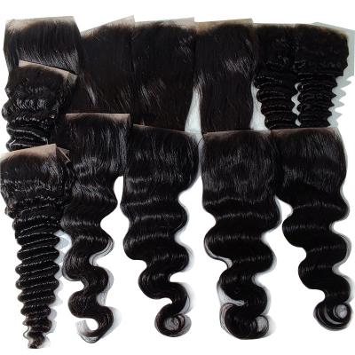 China Cheap Water Wave Brazilian Virgin Human Hair 4x4 2x6 5x5 13x4 13x6 360 frontal hd lace up closures and frontal closure headbands for sale