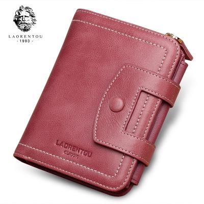 China LAORENTOU Women Genuine Leather Zipper Latch Purse Coin Pocket Wallet Lady Card Holder Small Vintage Anti-theft Natural Leather Bag for sale