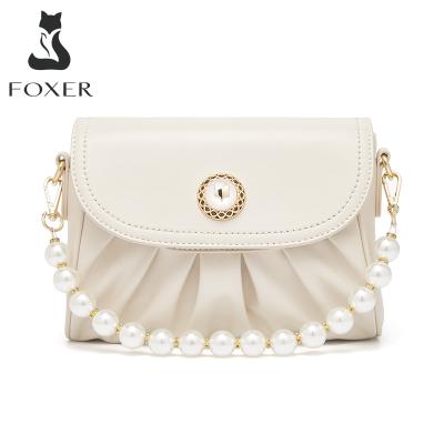 China FOXER Ladies Handbag Small Split Leather Slotted Luxury Design Pleated Shoulder Bag Leather Soft Cross Split New 2021 - Body Pearl Chain Woman Bag for sale