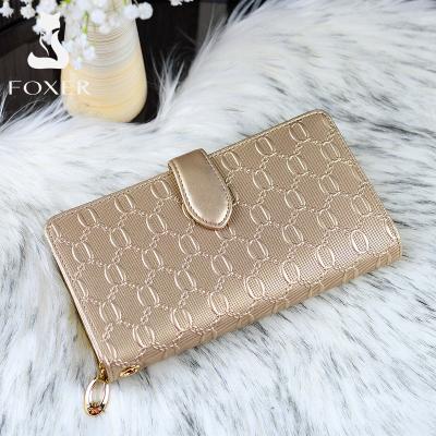 China FOXER Brand Anti-theft Fashion Long Scare Leather Wallets Ladies Grasp Famous Bags Women Designer Purses Female Cowhide Wallet for sale