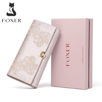 China FOXER Anti-theft Women's Anti-theft Women's Fashion Slot Wallet Flower Pattern Clutch Purse Genuine Leather Triple Coin Purse Long for sale