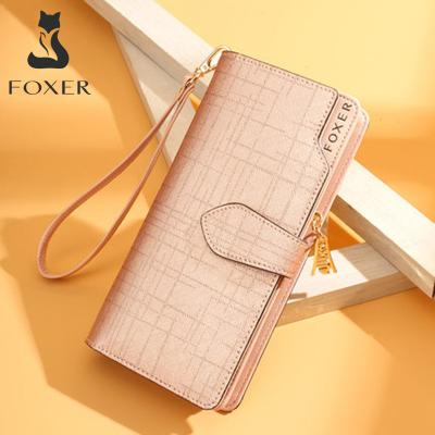 China FOXER Anti Theft Whip Leather Wallets Card Holder Clips High Quality Long Wallet Women's Wallet Ladies Zipper Clutch Bag With Strap for sale