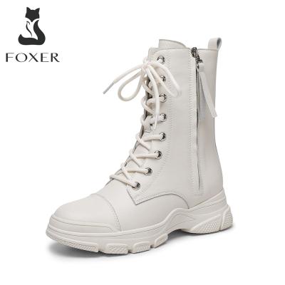 China FOXER Round Handmade Women Autumn Winter Classic Black Boots Genuine Leather Youth Girl Breathable Short Plush Cut Out Design for sale