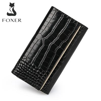 China FOXER Anti-theft Split Leather Ladies Wallet Classic Black Send Mom Cell Phone Bag Coin Purse Fashion Crocodile Pattern Long Clutch for sale