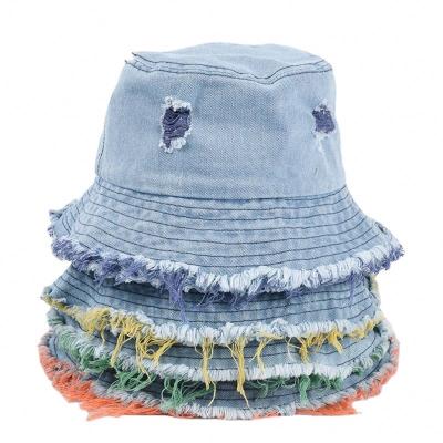 China Other Hot Sale Two Color Resort Vacation Distressed Cotton Jeans Outdoor Traveling Fashion Women Lady Stylish ripped denim bucket hat for sale