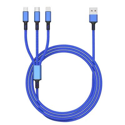 China Fast Charging 3A Data Cable One Drag Cable Three Charging Nylon Braided Fast Charging Data Cable Suitable for Type-C Android Small Gift for sale