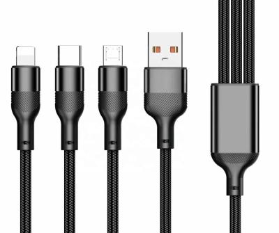 China Common Brace 66w Super Fast Charge One For Android IOS Type-C Three Data Cable 6A Nylon Braided Three-in-One Charging Cable for sale