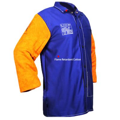 China Blue Fire Retardant FR Yellow Leather Back Sleeves And Fire Proof FR Front Welding Jacket for sale