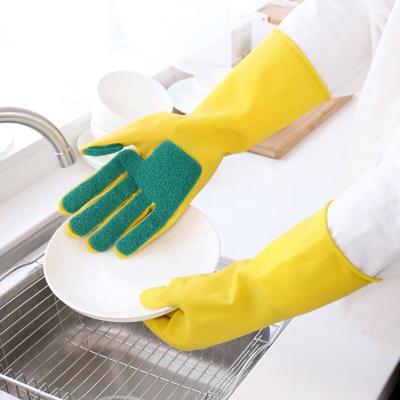 China Cleaning Glove with Long Cuff Scrubbing Pad Reusable Household Latex Kitchen Washing Rubber Dish Cleaning Gloves Housework Cleaning Gloves with Scrubbing Pad for sale