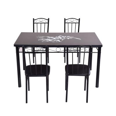 China Cheap& China Supplier Cheap Practical Modern Luxury Elegant Glass Table Tops Dining Room Furniture Black Color Tables And 4 Chairs Set for sale