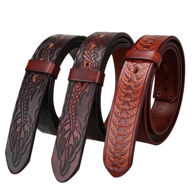 China Cow Hide First Layer Belt Band Headless Plantation Tanned Leather Leather Hand Dyed Belt Needle Buckle Hole Embossed Belt for sale