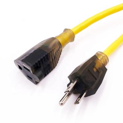 China Yellow Outdoor Home Appliance USA 3 Pin NEMA 5-15P 100ft Plug 5-15R To Clear Socket 12 Gauge Extension Cord for sale