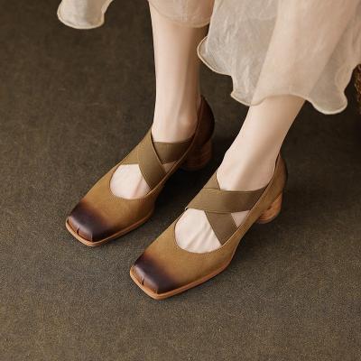 China New High Quality Light Weight Square Toe Women Pumps Shoes Chunky Square High Heels Crossover Strap Ballet Shoes Style for sale